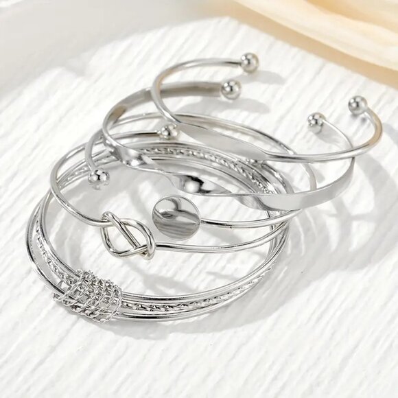 Bracelet Bangle Cuff 5pc Set Silver Alloy Knot Glam Layered Simple Chic Twisted - Picture 3 of 4
